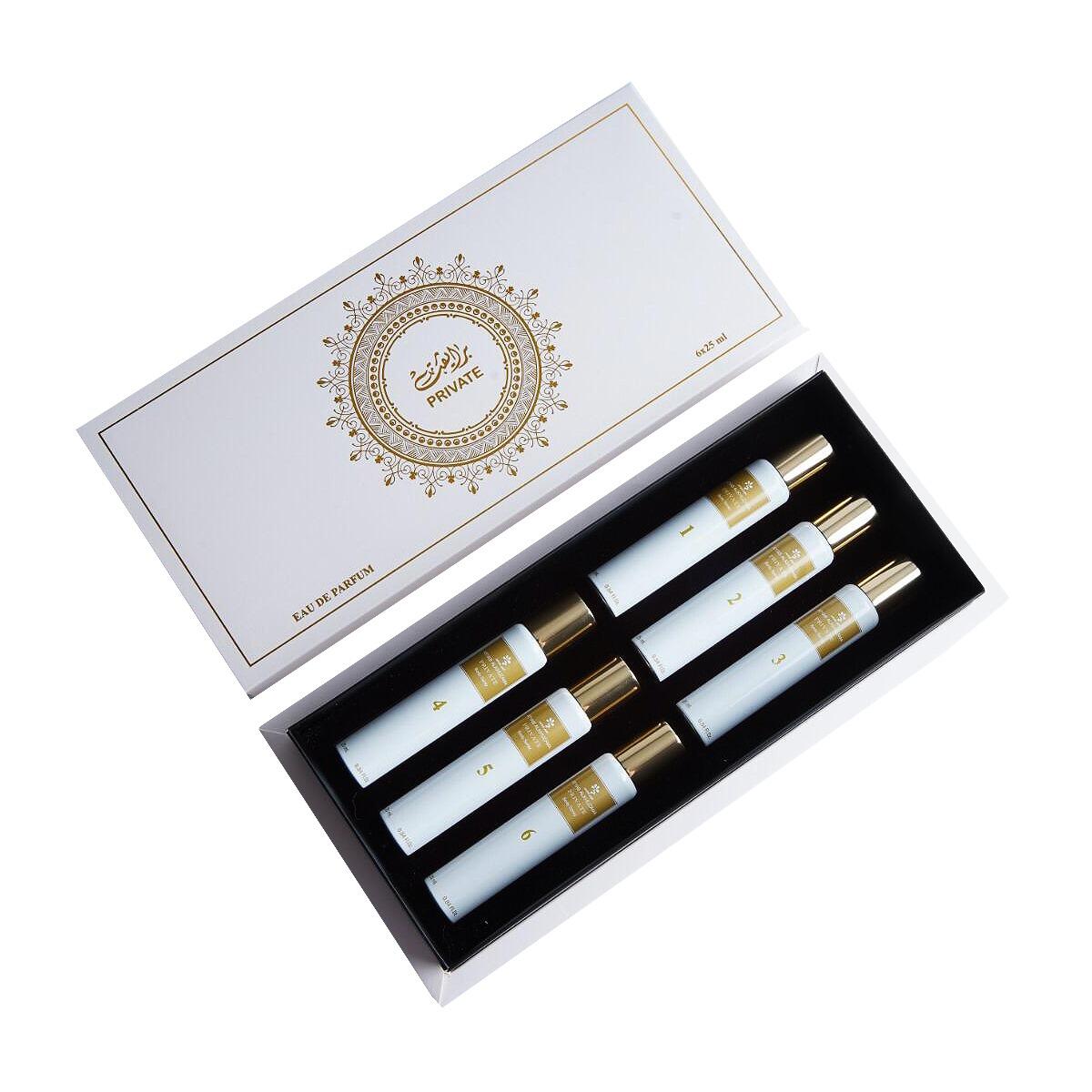 Private Perfumes 6X25ML
Bottles changed for the same group of perfumes
————————
No. 1 = the pink
No. 2 = the black
No. 3 = the white
No. 4 = the golden
No. 5 = the red
No. 6 = the silver